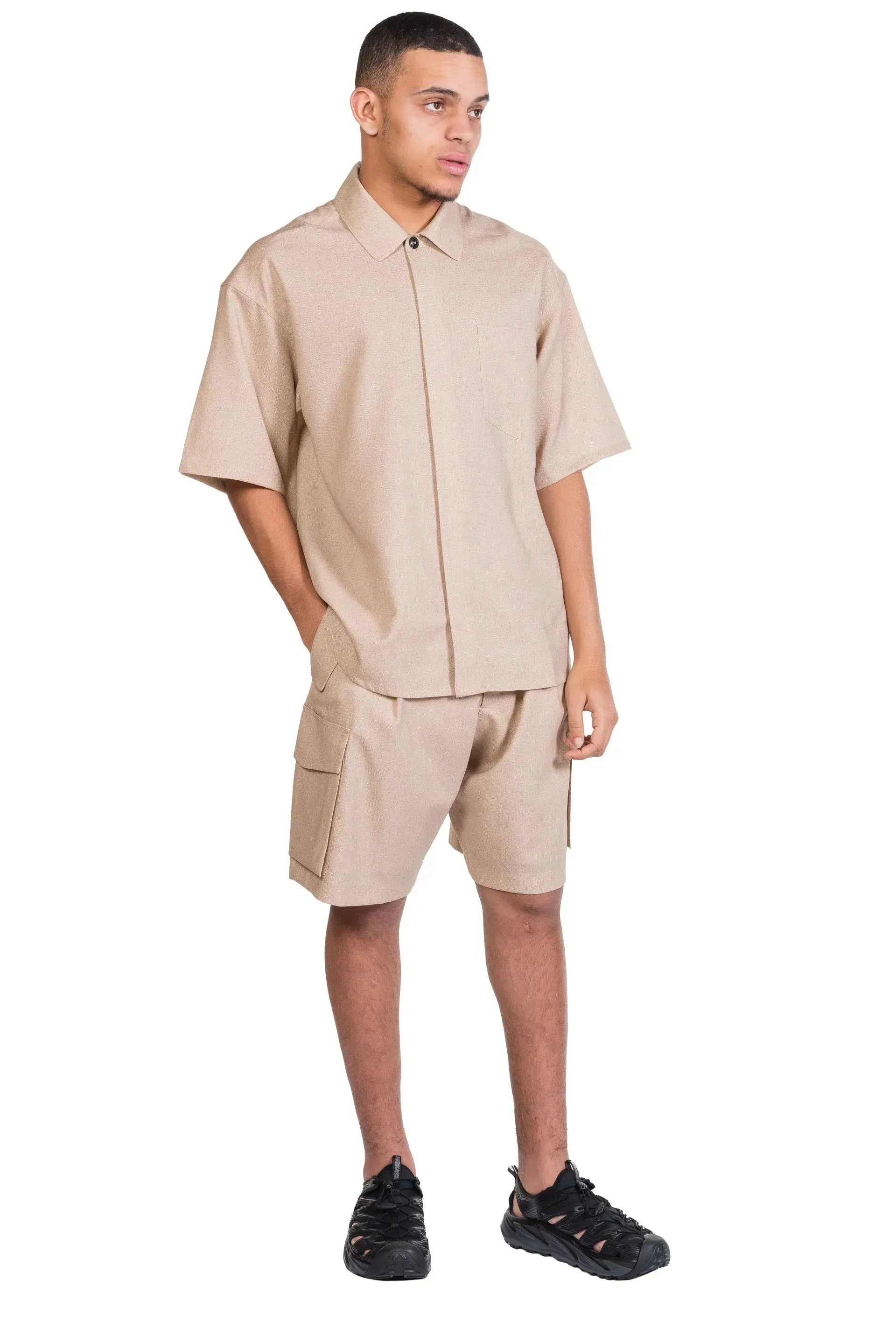 Beige Printed Wool Cargo Shorts