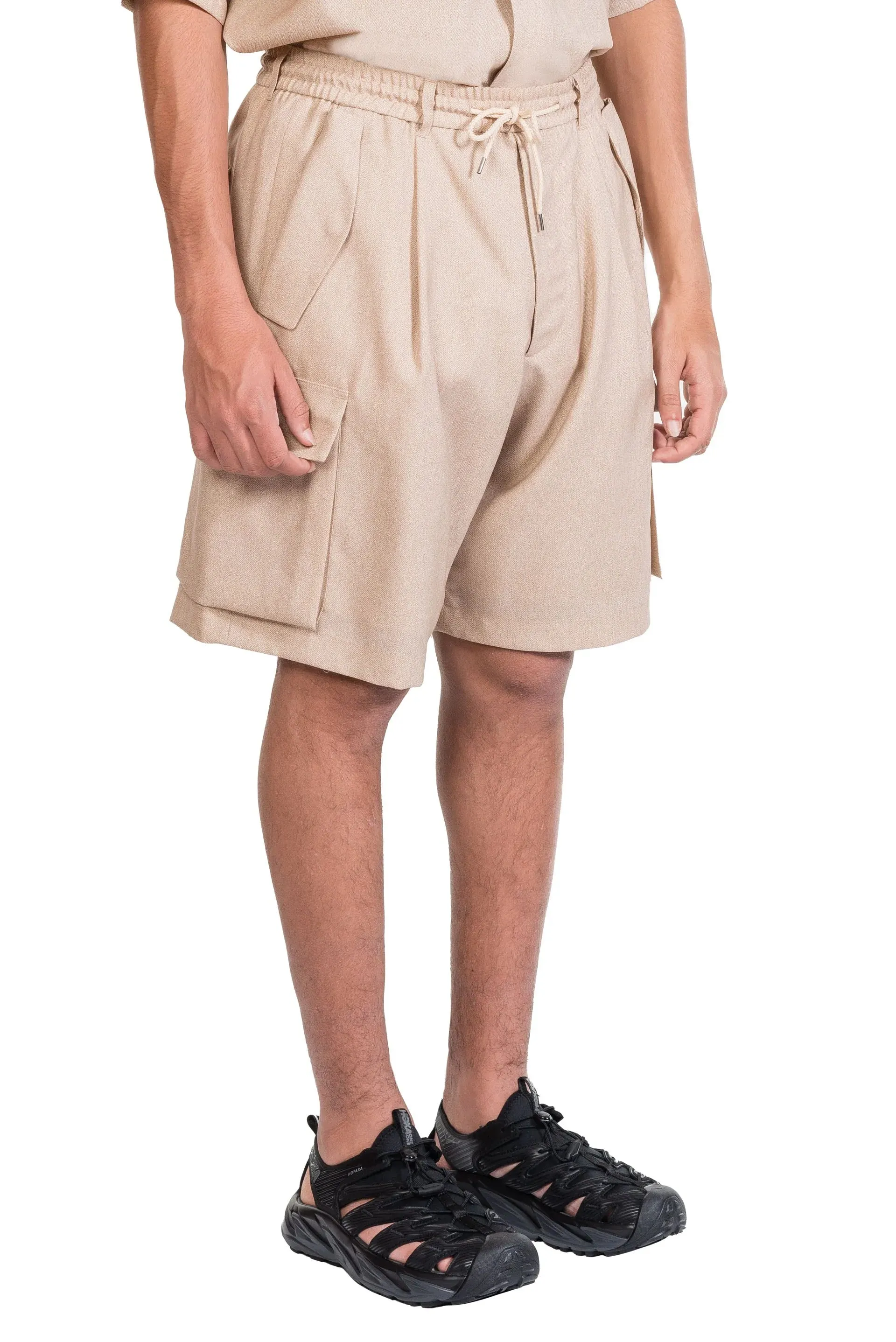 Beige Printed Wool Cargo Shorts