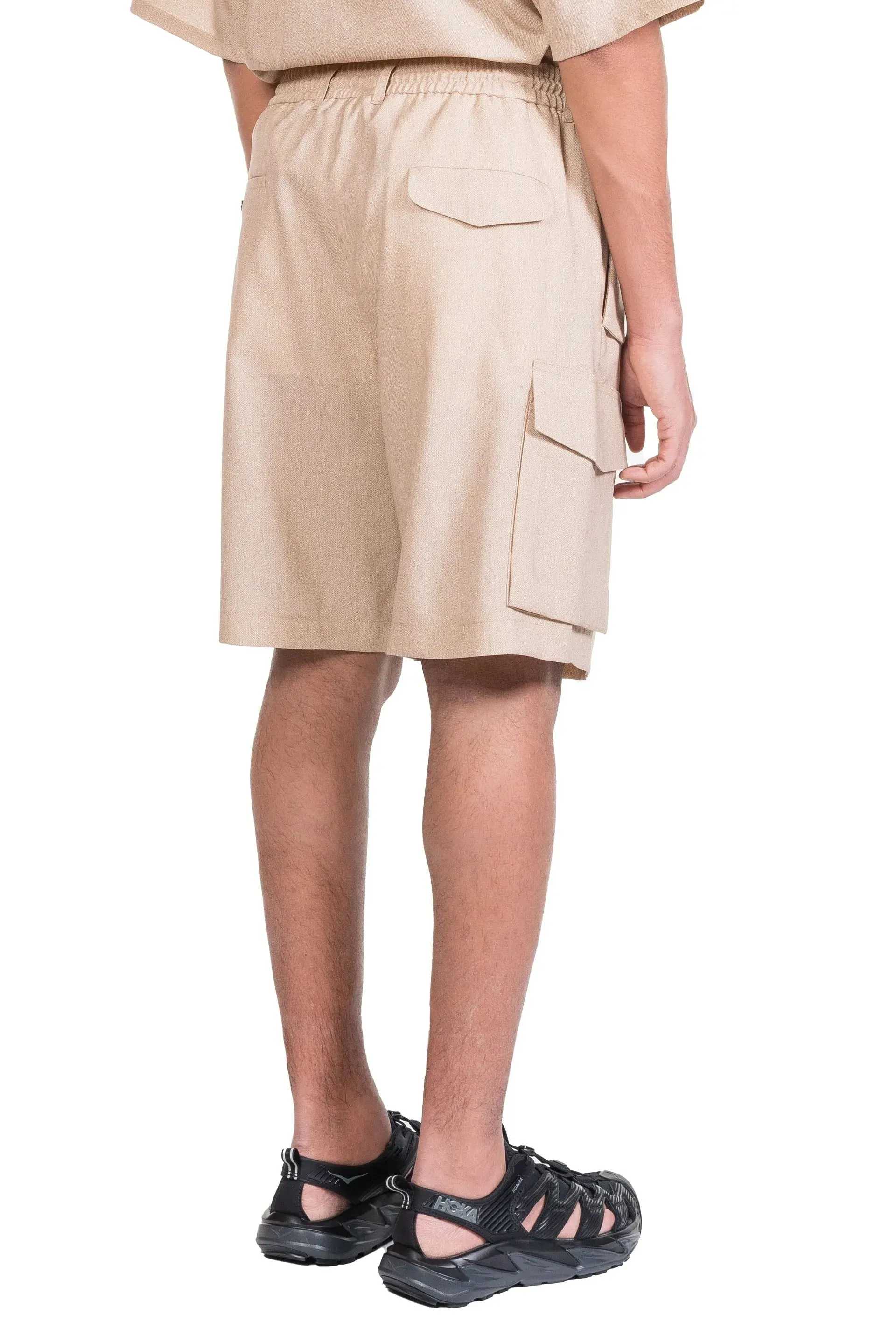 Beige Printed Wool Cargo Shorts