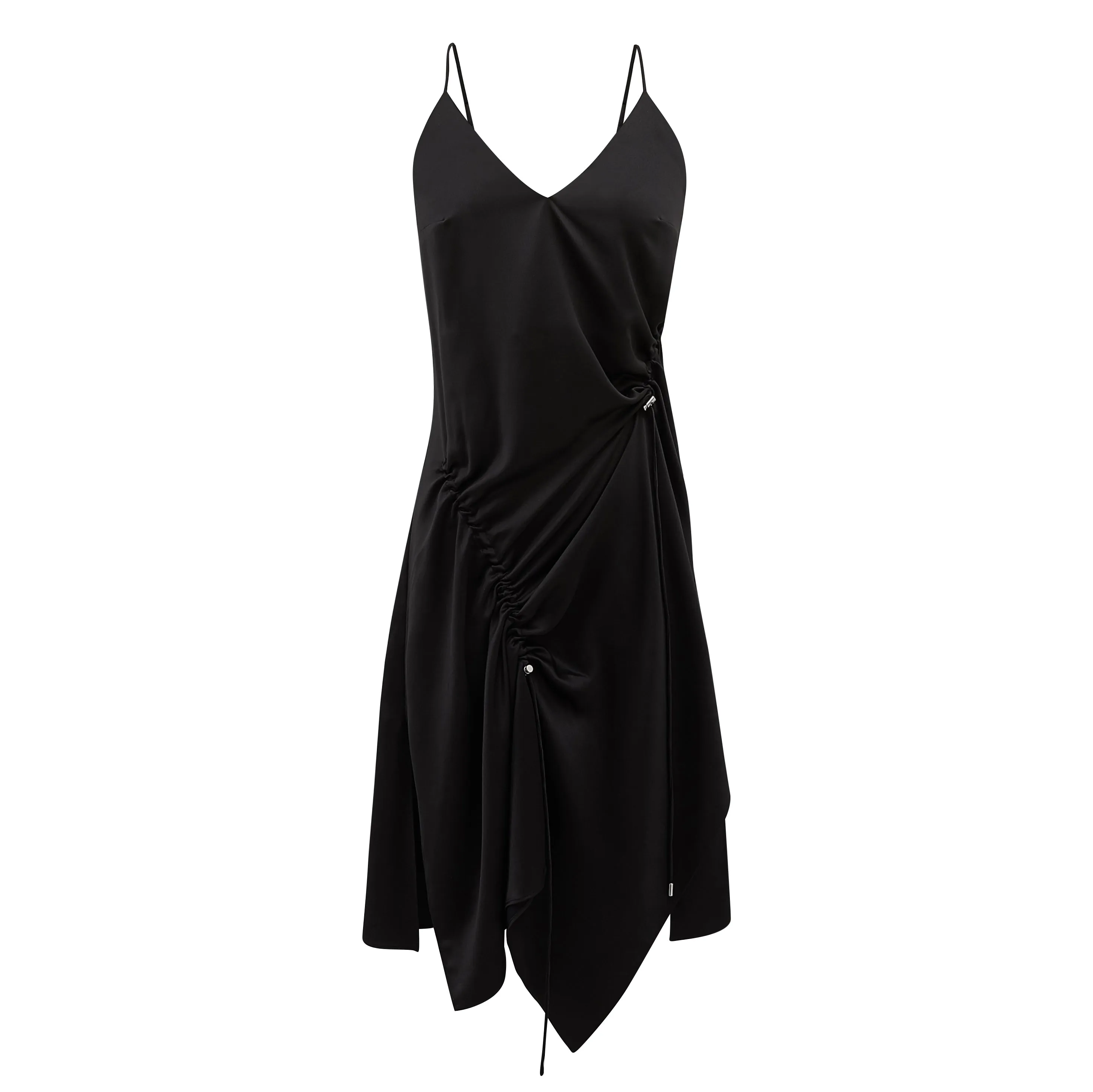 Black Satin V-Neck gather slip dress