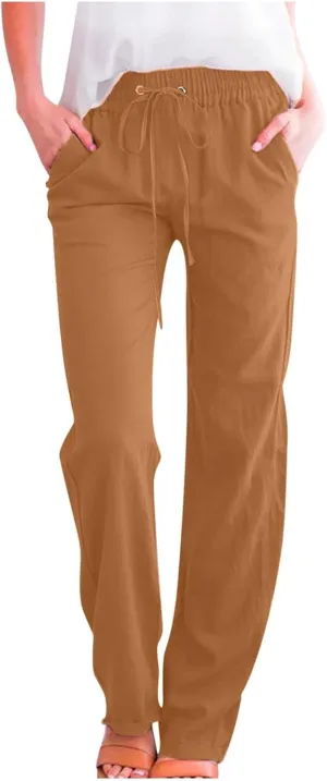 Casual Cotton Linen Pants for Women Lightweight Plus Size Summer Wide Leg Sweatpants Elastic Waist Long Trousers