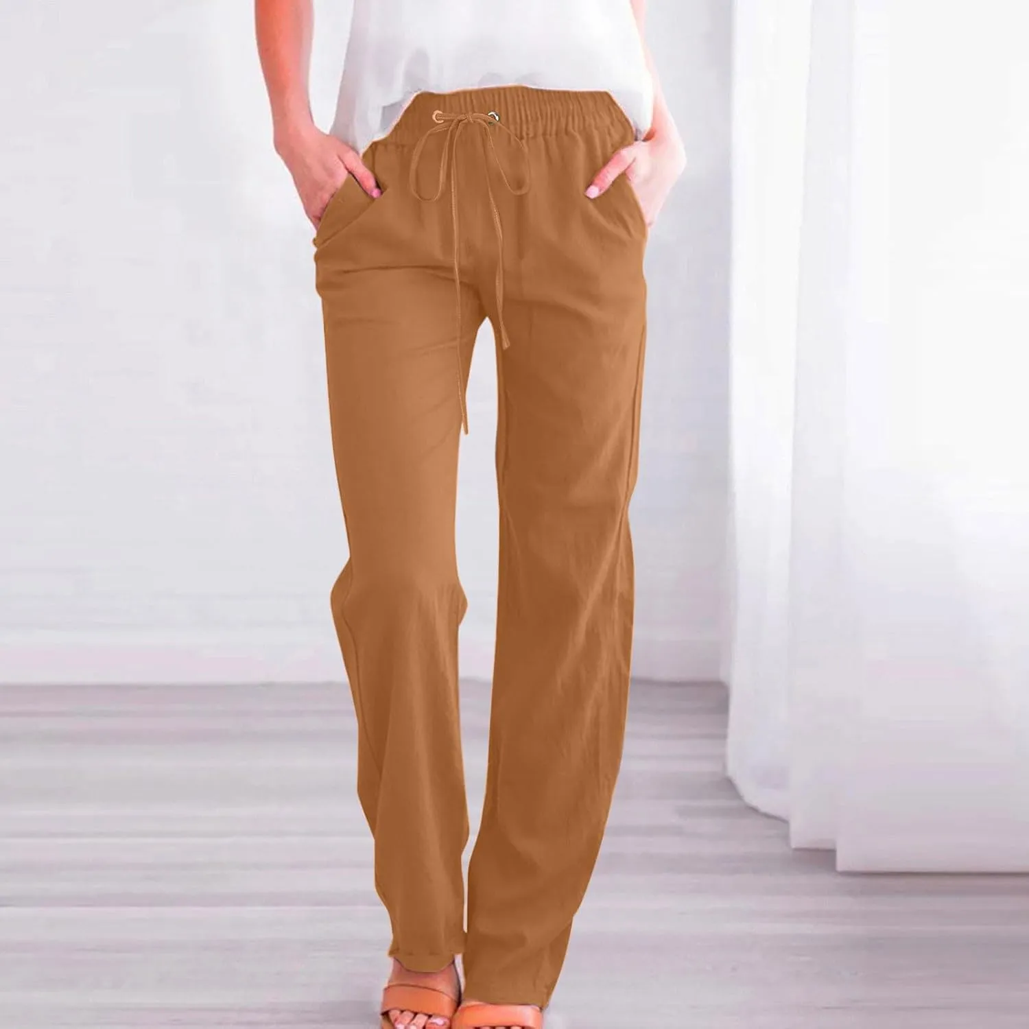 Casual Cotton Linen Pants for Women Lightweight Plus Size Summer Wide Leg Sweatpants Elastic Waist Long Trousers