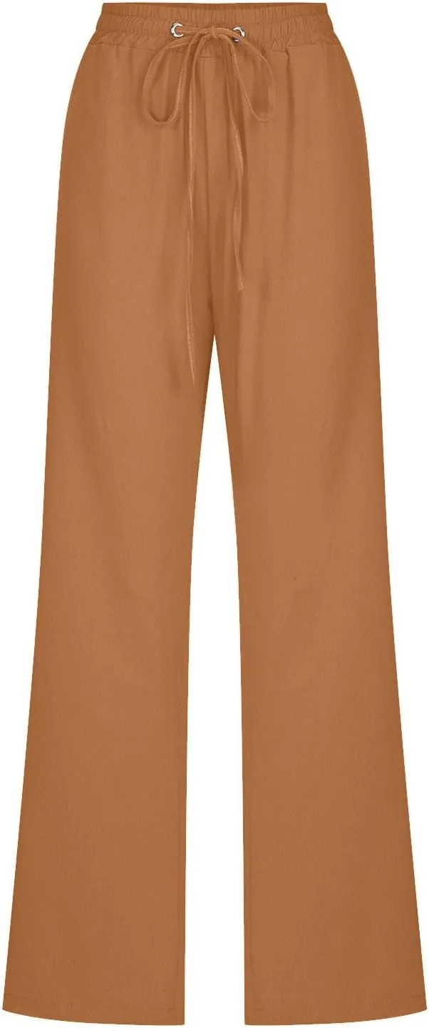 Casual Cotton Linen Pants for Women Lightweight Plus Size Summer Wide Leg Sweatpants Elastic Waist Long Trousers