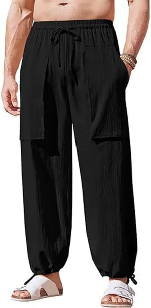 Linen Pants Men Elastic Waist Drawstring Pants Beach Summer Pants Lightweight Linen Trouser with Pockets