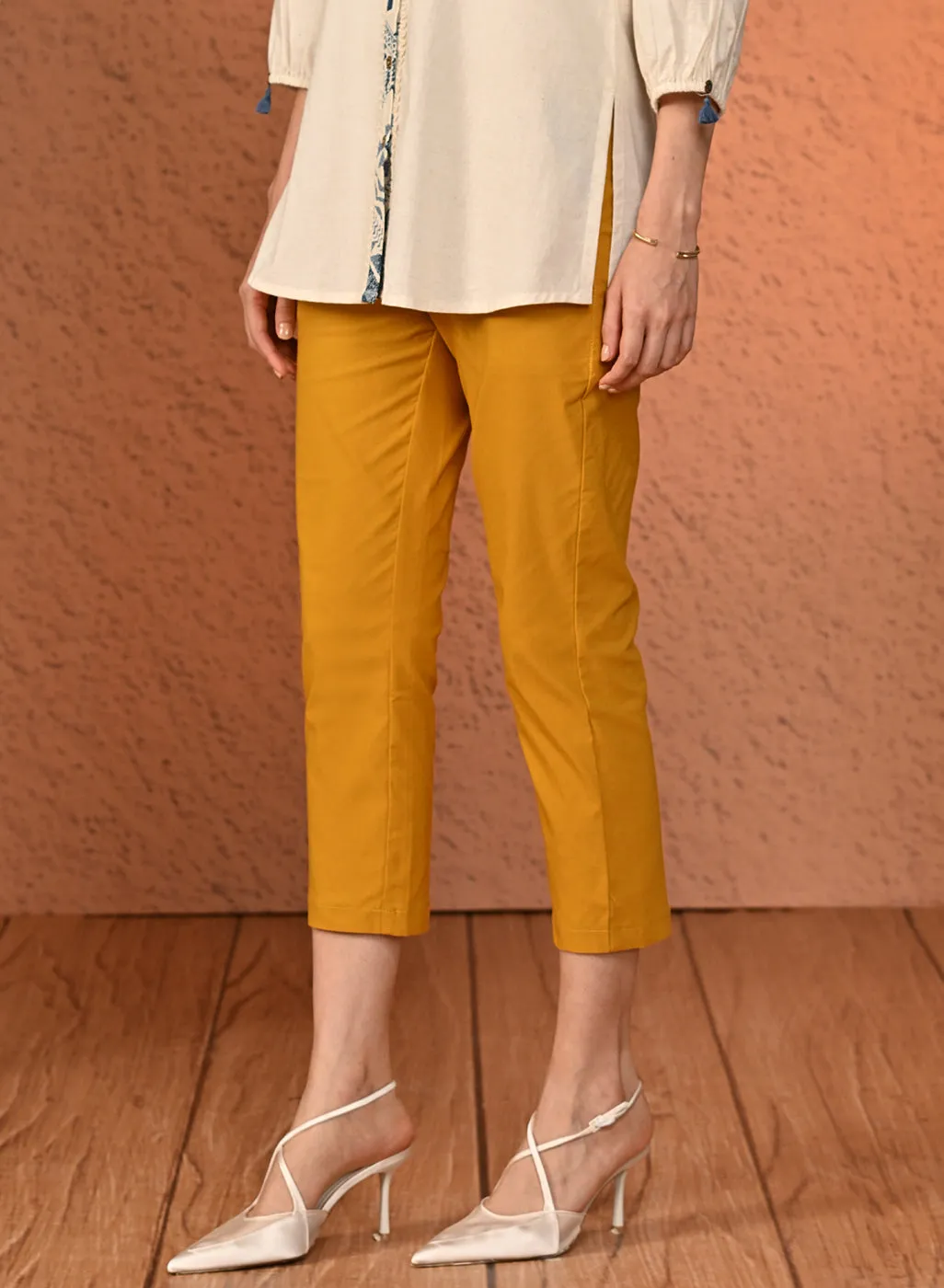 Mehr Mustard Cotton Relaxed Fit Trousers for Women