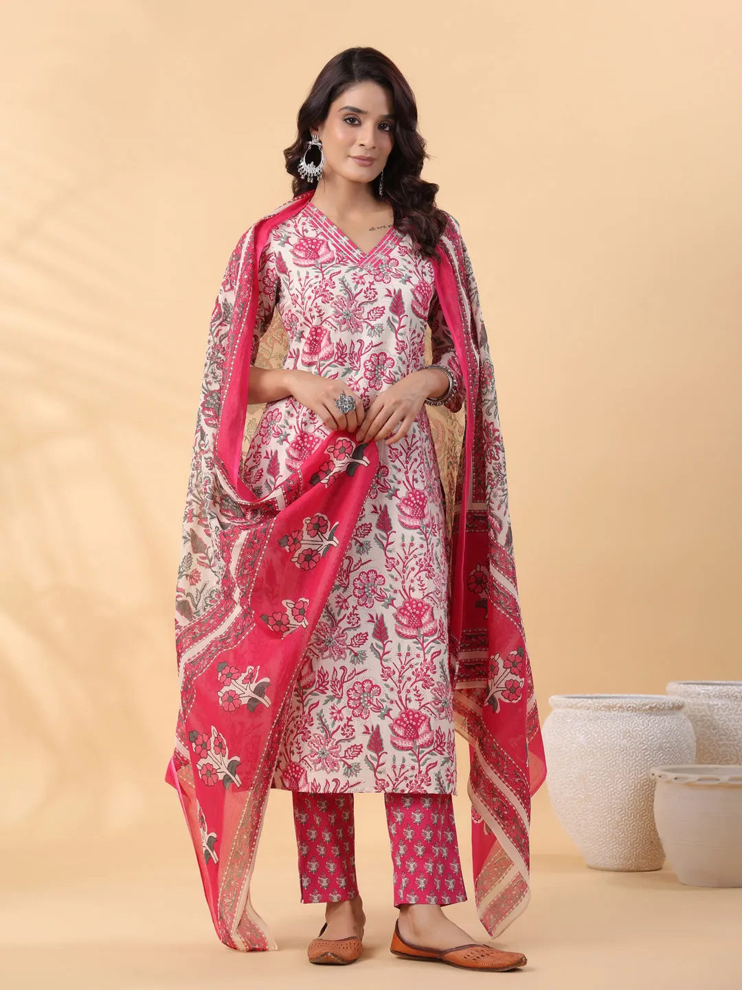 Off White Pure Cotton Floral Printed Straight Kurta Set