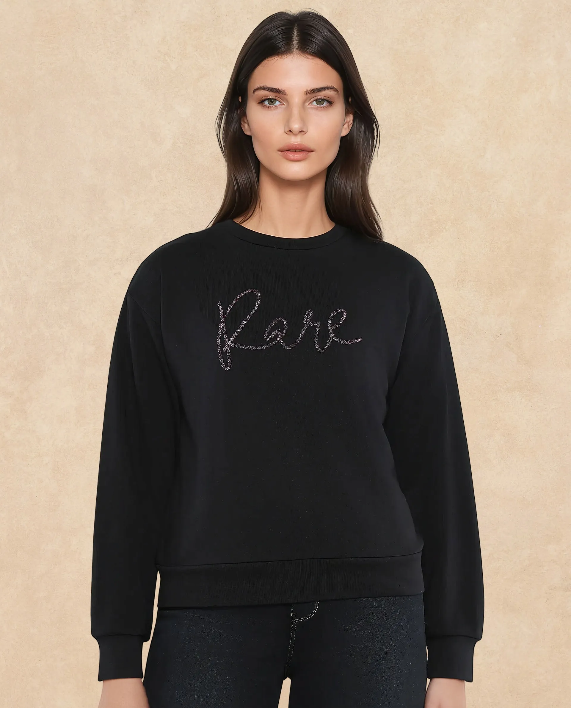 Rareism Women Chant Black Cotton Blend Fabric Full Sleeve Crew Neck Relaxed Fit Plain Sweatshirt