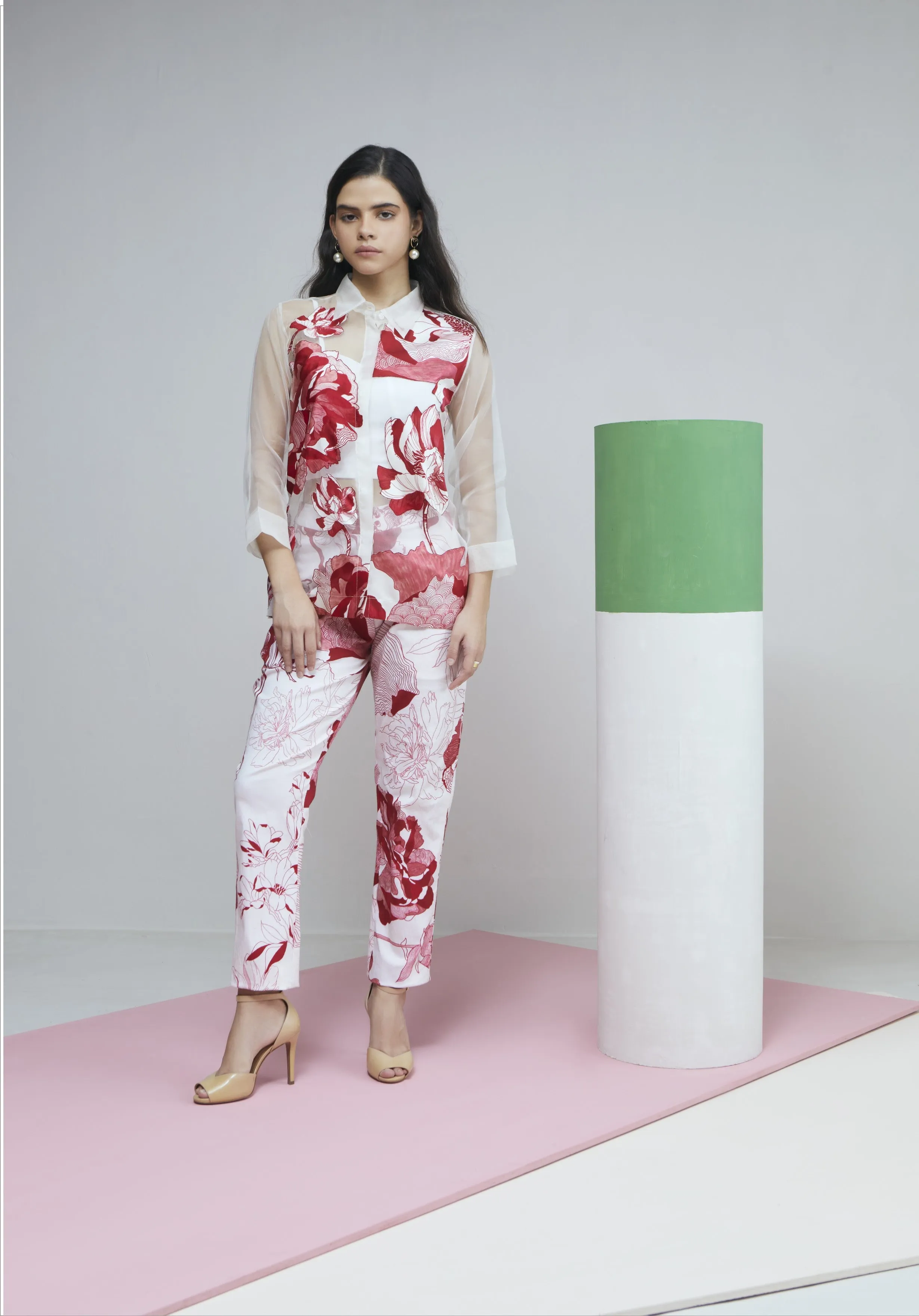Red Bloom Organza  Shirt With Printed Pants