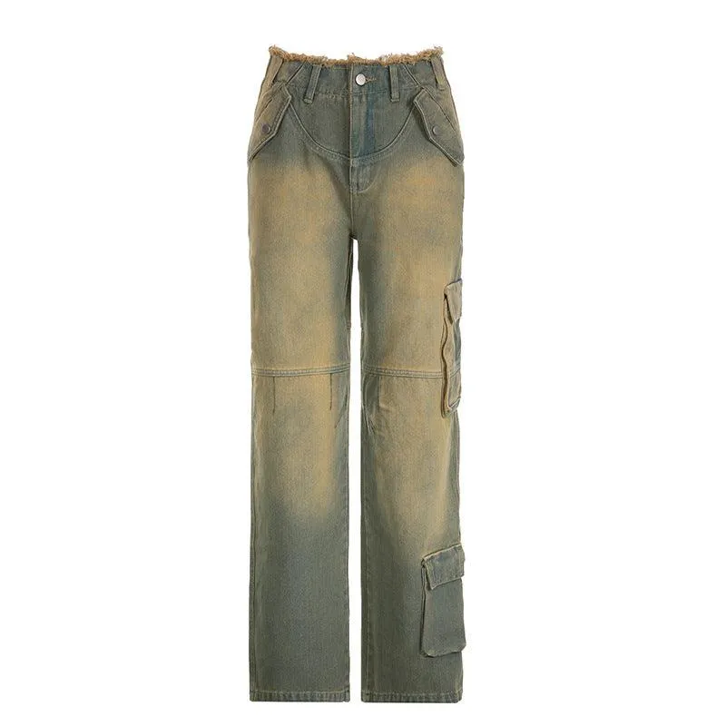 Women's Asymmetric Retro Raw Hem Jeans Straight-leg Overalls
